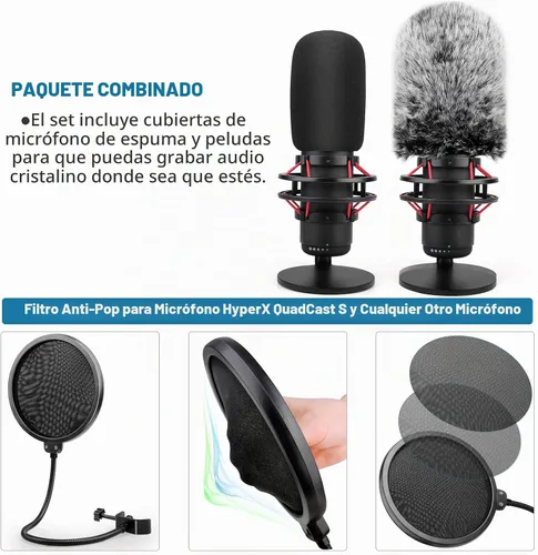 Vista 3 de ChromLives - Filtro Pop Pop para Hyperx Quadcast, 3 en 1, Quadcast S Mic Pop + Parabrisas peludo + cubierta de micrófono de espuma para micrófono