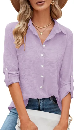 Vista 6 de Odosalii - Camisas con botones para mujer, con cuello en V, manga larga, enrolladas, blusas elegantes y formales para negocios y ocasiones casuales