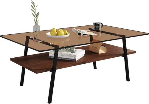 Vista 5 de IANIYA - Mesa de centro moderna de cristal, mesa de centro pequeña de mediados de siglo, mesa de centro para sala de estar con estantes de madera