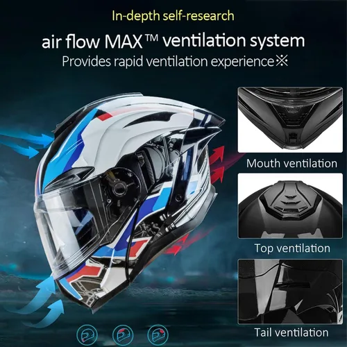 Vista 3 de Casco modular de motocicleta Bluetooth con doble visera antivaho multiventilación, diseño de cara completa, certificado ECE 22.06, forro extraíble G