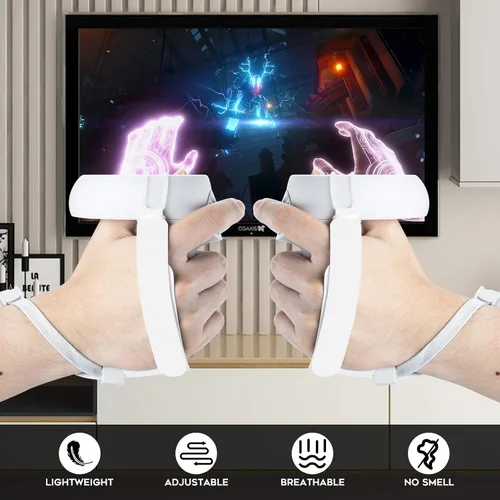 Vista 2 de (1 Pair) Orzero Adjustable Hand Grip Straps Accessories for Quest 2 VR Gaming Headset Controller, Handle Dropping Prevention - White