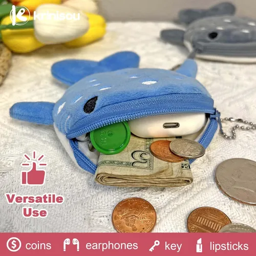 Vista 5 de Monedero de tiburón ballena, bolsa de felpa para niños, bonita cartera Kawaii con llavero con cremallera, pequeño bolso bordado de peces marinos