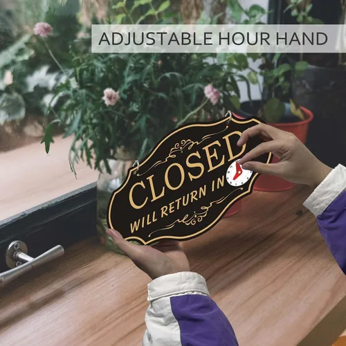 Vista 7 de Señales abiertas para los negocios, Señal abierta de plástico, Doble lados con "Volverá" reloj, con cadena colgante, Consulte toStore Oficina Bares