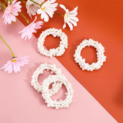 Vista 6 de Lusofie 4 ligas para el cabello con perlas blancas y perlas elásticas para coleta de caballo, accesorios para el cabello para mujeres y niñas