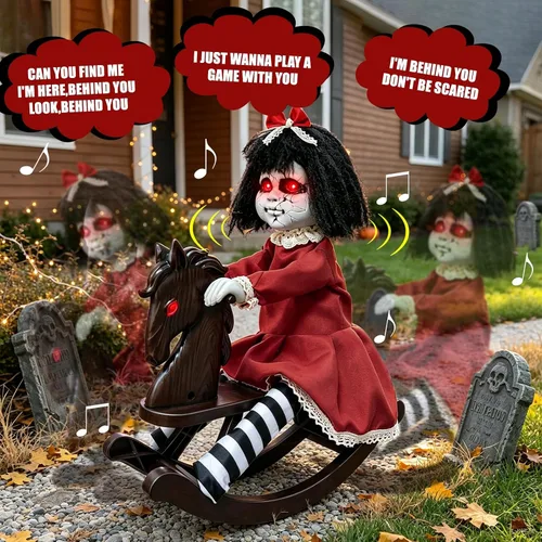 Vista 11 de Halloween Animatronic Decorations Girl Doll on Rocking Horse with Lights