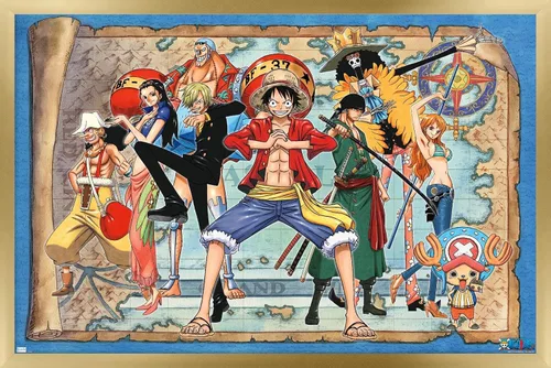 Vista 14 de One Piece - Póster de pared con mapa grupal, 22.4 pulgadas de largo x 14.7 pulgadas de ancho, versión enmarcada de madera de granero