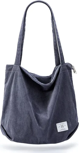 Vista 23 de KALIDI Bolsa Tote de Pana para Mujer con Cremallera Bolsa de Mano Casual Tote Bolsa de Hombro de Gran Capacidad con Bolsillos 1 negro y 1 blanco.