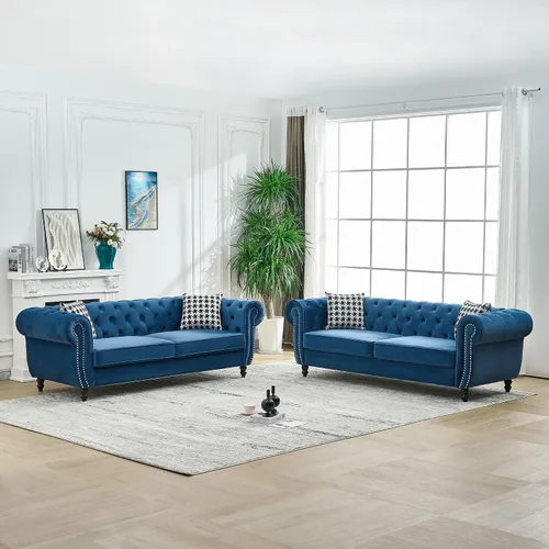 Vista 13 de Juego de 2 sofás de terciopelo negro moderno de mediados de siglo, sofá y sofá biplaza con botones copetudos, muebles para la sala, cómodo sofá Azul