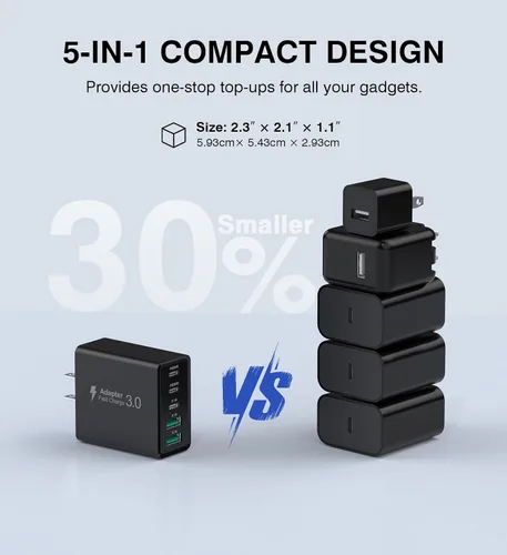 Vista 8 de [Paquete de 2] Cargador de pared USB C, bloque de cargador tipo C de 60 W, bloques de carga rápida de 5 puertos, enchufe multipuerto 3USB C+2USB A