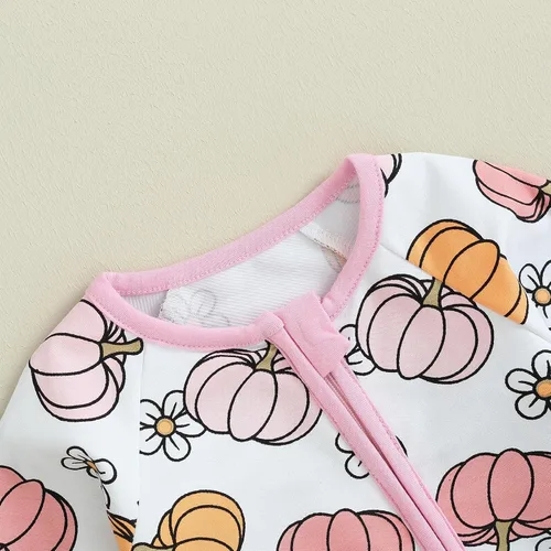 Vista 4 de OikMombiu My First Halloween - Mameluco de manga larga con cremallera para bebé, niña y niño, mono de una pieza con diseño de calabaza y fantasma