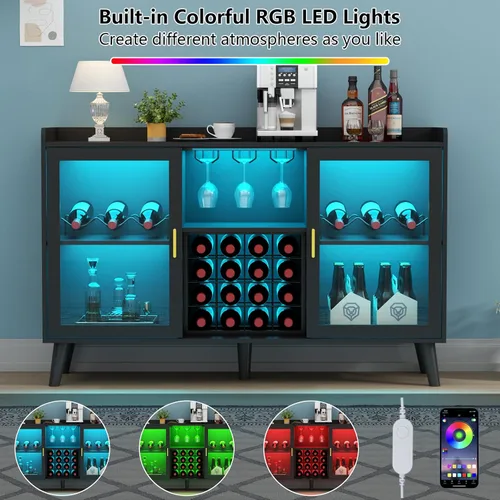 Vista 4 de Auromie Armario de bar de vinos con luz LED, gabinete de café para el hogar con estante para vino y vidrio, aparador de cocina con estantes de Negro