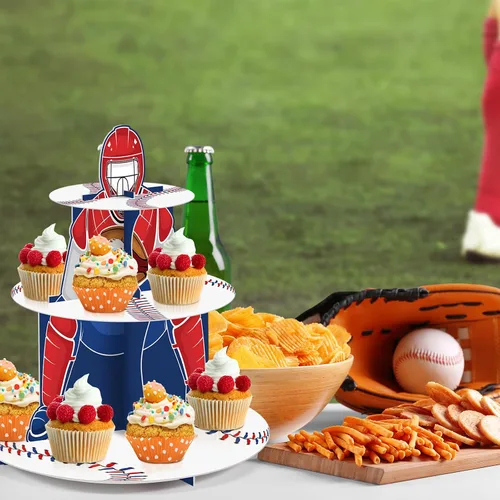 Vista 5 de Zopeal Soporte para Cupcakes de Béisbol Decoraciones de Fiesta de 3 Niveles Soporte para Cupcakes de Postre de Béisbol Exhibidores de Mesa