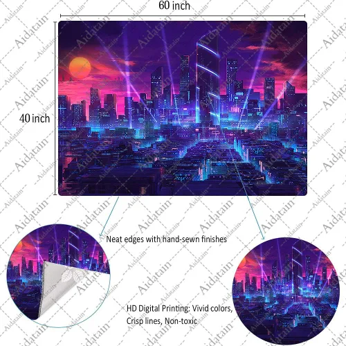 Vista 6 de Aidatain Tapiz de ciudad punk con paisaje urbano fresco para niños, tapiz tecnológico de franela de tamaño pequeño de 60 x 40 pulgadas, tapiz