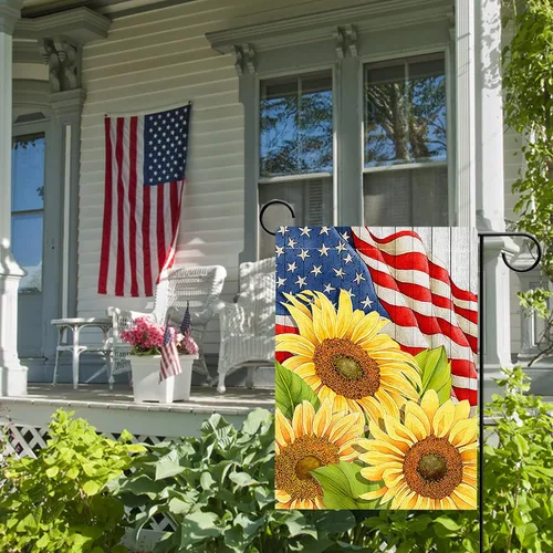 Vista 5 de Hzppyz Bandera patriótica de jardín de primavera y verano con girasoles del 4 de julio, Día de los Caídos, decoración para exteriores de doble cara