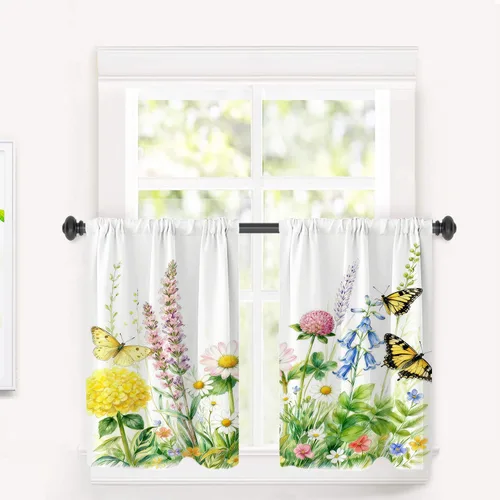 Vista 36 de Cortinas geométricas de cocina para ventanas, color negro, blanco, turquesa, cenefas opacas de poliéster multicapa para cocina, paquete de 2