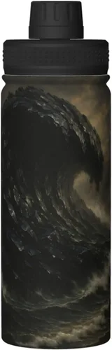 Vista 9 de Botella de agua aislada con estampado de tsunami de obsidiana, de acero inoxidable de 18 onzas, divertida taza de viaje, a prueba de fugas
