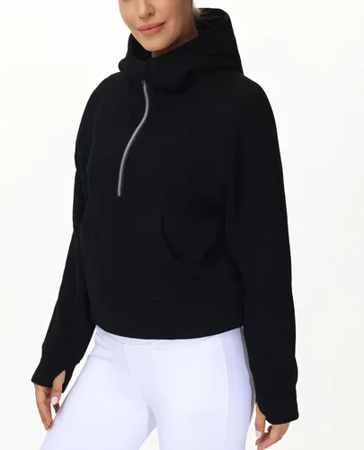 Vista 2 de THE GYM PEOPLE Sudaderas con capucha para mujer, media cremallera, manga larga, forro polar, con bolsillos, agujero para el pulgar