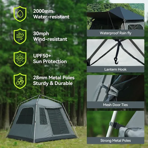 Vista 5 de Tienda de campaña desplegable instantánea con parasol extraíble, tienda de campaña con protección UV y ventilación, impermeable, resistente al