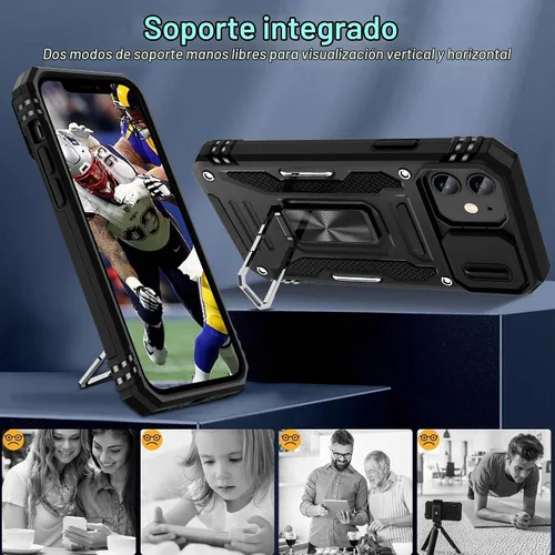 Vista 5 de DEERLAMN Funda para iPhone 12/12 Pro con cubierta deslizante para cámara + protector de pantalla (2 unidades), soporte de anillo giratorio de grado