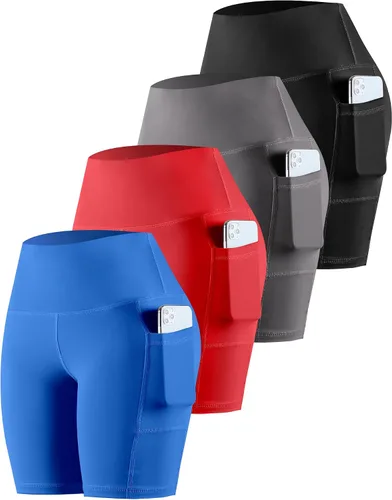 Vista 25 de CHRLEISURE - Pantalones cortos de ciclismo para mujer con bolsillos de licra, cintura alta, con control de abdomen para entrenamiento, yoga