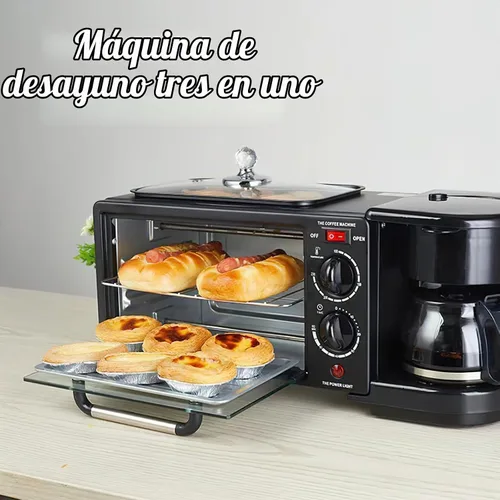 Vista 6 de Máquina de desayuno casera multifuncional 3 en 1, mini horno, cafetera (negro)