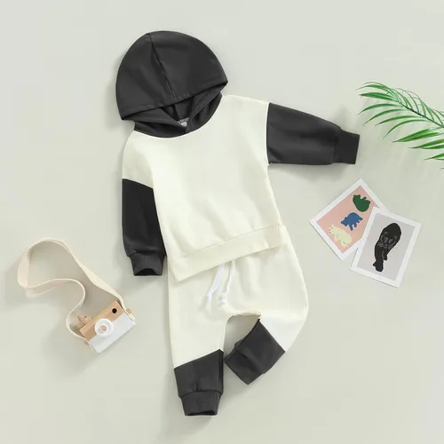 Vista 35 de Ropa de bebé niño 3 6 9 12 18 24M 3T Conjunto de pantalones con capucha patchwork sudadera con capucha pantalones de rayas traje de otoño invierno