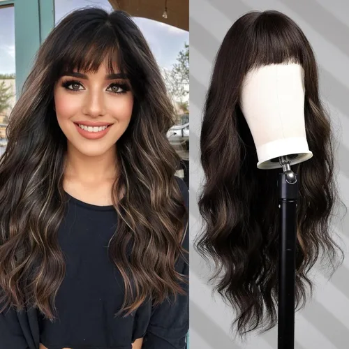 Vista 13 de Pelucas rubias cenizas para mujer, peluca larga recta en capas con flequillo, cabello sintético natural con raíces oscuras