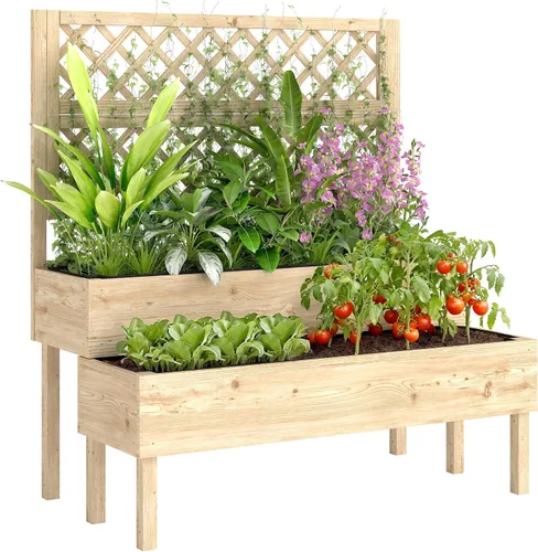 Vista 10 de Outsunny Cama de jardín elevada de 2 niveles con enrejado, maceta elevada de madera con agujeros de drenaje, forros, esquinas de metal, maceta