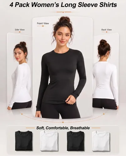 Vista 6 de Paquete de 4 camisetas de compresión para mujer, de manga larga, para Manga larga-2 negro+2 blanco