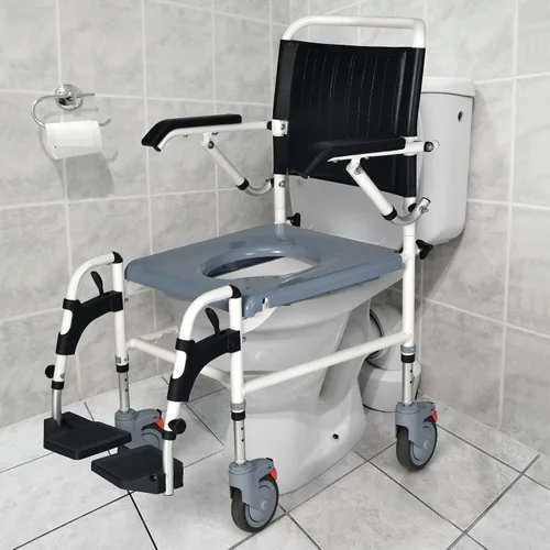 Vista 9 de Giantex Silla de ruedas 4 en 1 para inodoro con brazos, 4 ruedas bloqueables, cubo desmontable, altura ajustable y reposapiés abatible, silla