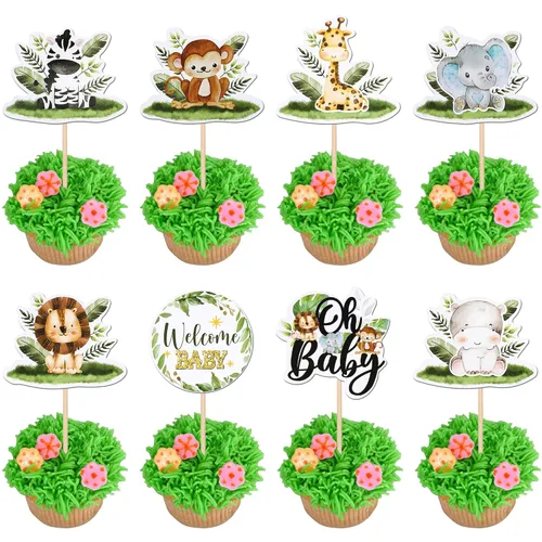 Vista 12 de 36 piezas de decoración para cupcakes de animales de la jungla, león, mono, cebra, hipopótamo, jirafa, elefante, temática de bosque, púas
