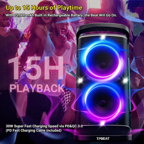 Vista 5 de QxbJoy Altavoz Bluetooth Portátil: Sonido Potente de 160W de Pico, Bajo Profundo Inalámbrico, Boombox Grande, Subwoofer Grande, 15 Horas de Duración