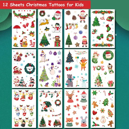 Vista 2 de Tatuajes temporales de Navidad con purpurina para niños, 12 hojas de tatuajes navideños con purpurina para niños y niñas, regalos de fiesta