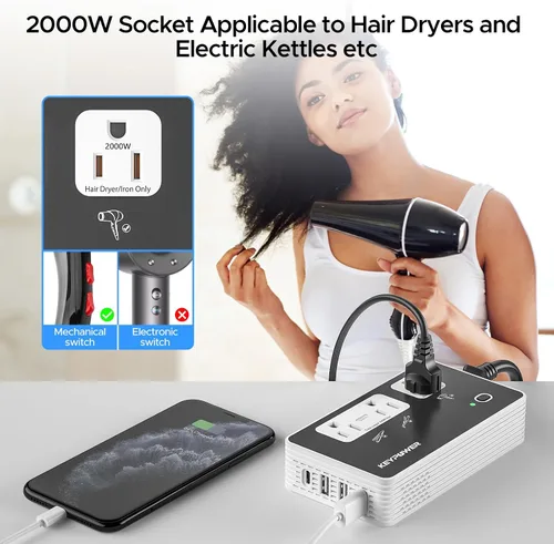 Vista 2 de Key Power Convertidor descendente de 2000 W, convertidor de voltaje de 220 V a 110 V de EE. UU. a Europa, adaptador de viaje universal internacional