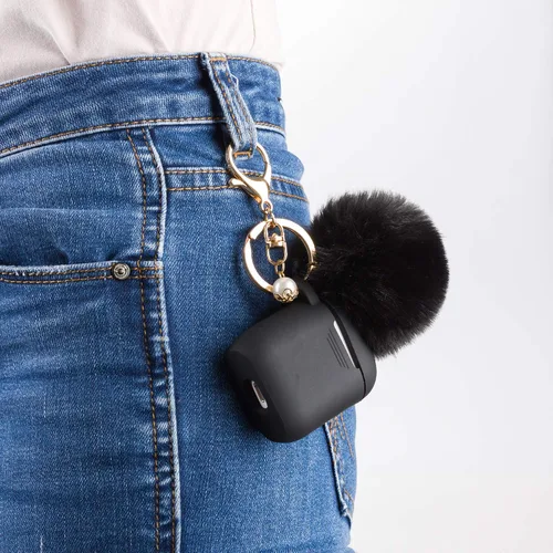 Vista 6 de Filoto Compatible con Funda para Airpod 2 y 1, Linda Funda Protectora de Silicona Accesorios Fundas/Llavero/Pompón, Mejor Regalo para Niñas y Negro