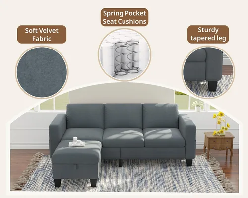 Vista 9 de Sofás modernos de 3 asientos para sala de estar con otomana de almacenamiento Sofá de terciopelo gris