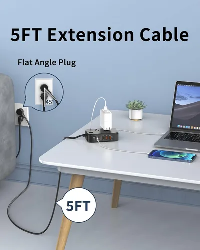 Vista 7 de Regleta de alimentación de viaje, estación de carga USB rápida de 65 W, cargador USB 7 en 1 máximo con 2 tomas, 3 USB C y 2 USB A, cable de Negro