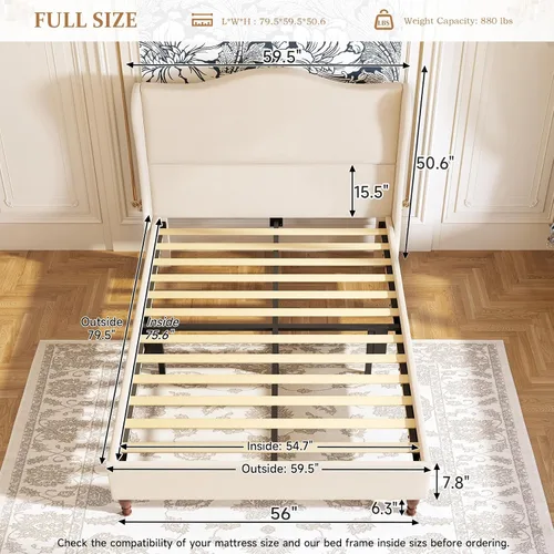 Vista 2 de koorlian Marco de Cama Tamaño Completo Cama Plataforma Tapizada con Cabecera Alta de 51" Wingback, Tela Suave, Estilo Retro Simple Cama Plataforma
