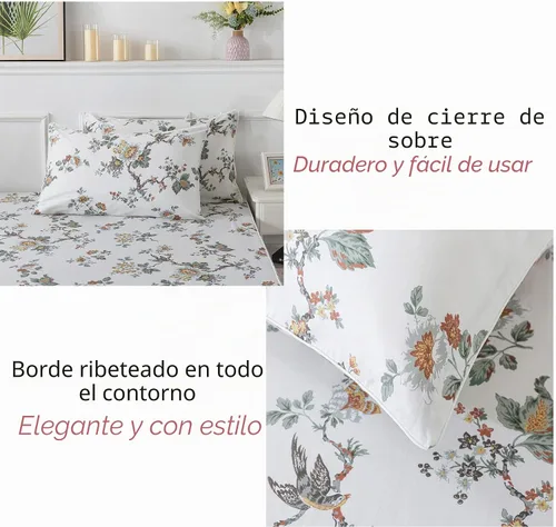 Vista 6 de FADFAY Elegante juego de sábanas con estampado de pájaros beige desgastado, 100% algodón, ultra suave, para niñas, con bolsillo profundo, 4 piezas