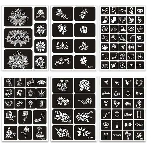 Vista 2 de Plantillas temporales de tatuaje reutilizables para mujeres y niñas, kit de plantillas de tatuaje de henna, plantillas temporales de tatuaje