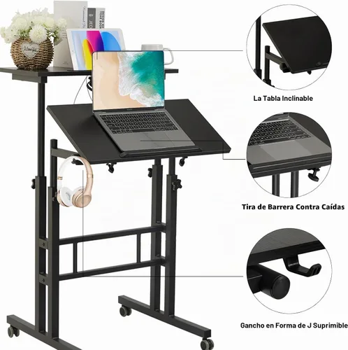 Vista 8 de Hadulcet Escritorio móvil de pie con estación de carga, escritorio ajustable para computadora de pie, carrito ajustable para laptop con ruedas