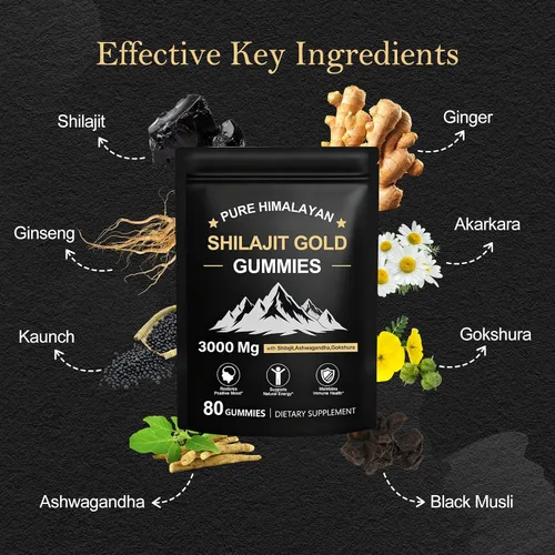 Vista 2 de Gomitas Shilajit para hombres y mujeres, gomitas naturales de Shilajit del Himalaya ricas en Ashwagandha, Gokshura con más de 85 minerales, sin OMG