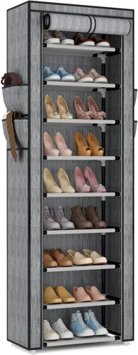 Vista 14 de Zapatero con cubierta, organizador de zapatos estrecho con 4 bolsillos laterales, estante alto de 10 niveles, almacenamiento para 18-22 pares