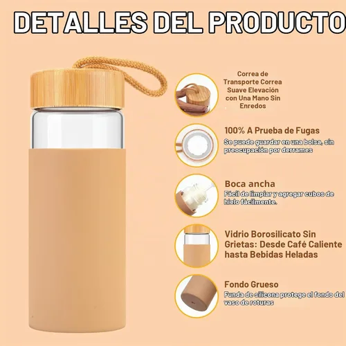 Vista 4 de Tronco Botellas de agua de vidrio de 20 onzas con tapas, botellas de vidrio de borosilicato reutilizables con tapa de bambú y funda de silicona Negro