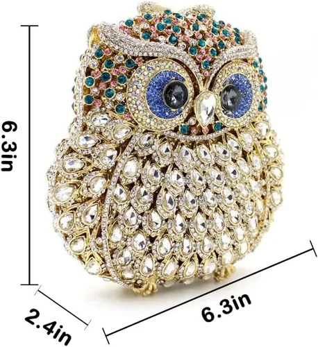 Vista 6 de UMREN Lindo bolso de mano de búho para mujer, bolso de noche de cristal, bolso de lujo con diamantes de imitación para boda y fiesta