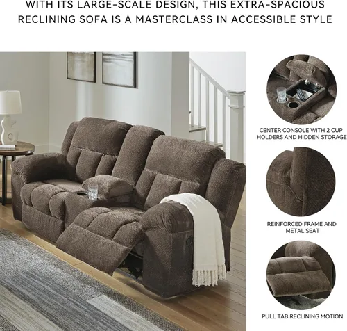 Vista 5 de Signature Design by Ashley Frohn - Sofá biplaza reclinable doble manual moderno con consola, almacenamiento y portavasos, color marrón oscuro