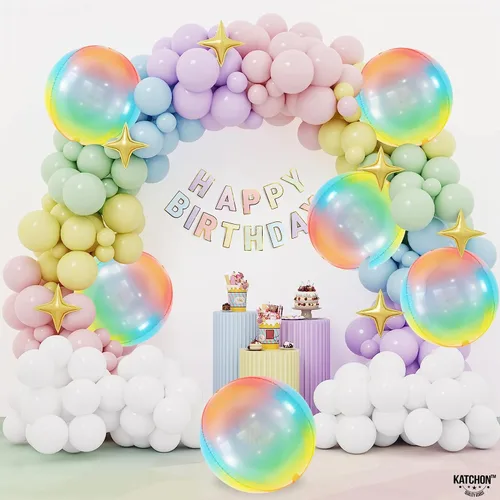 Vista 8 de KatchOn, Globos grandes y brillantes de arcoíris de 22 pulgadas, paquete de 6, globos arcoíris para cumpleaños, globo metálico de Mylar pastel