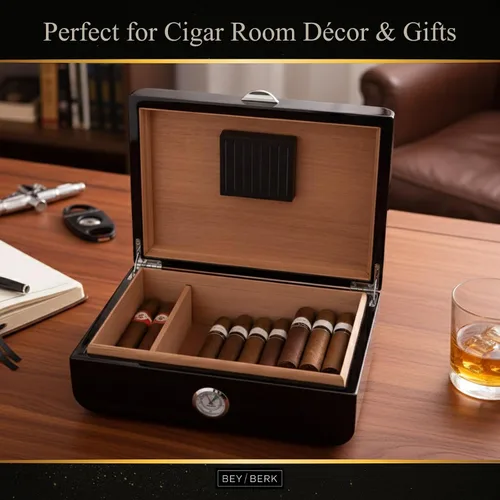 Vista 6 de Bey-Berk Dylan Humidor de puros con diseño de fibra de carbono, caja de 40 puros forrada de cedro español con higrómetro y humidificador, color negro