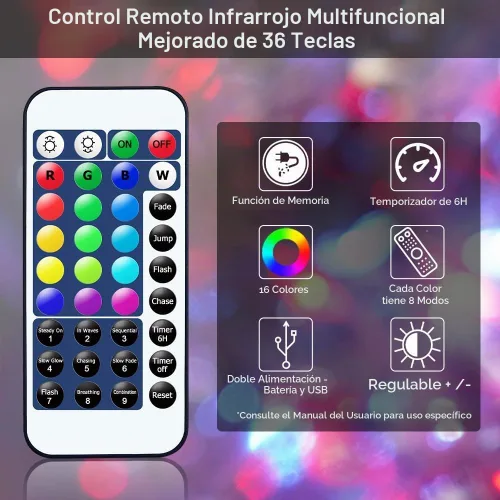 Vista 7 de OMIKA Guirnalda de luces LED para interiores, luces multicolor que cambian de color, luces de luciérnaga impermeables con control remoto para 16