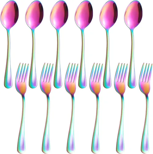 Vista 7 de Juego de 12 cucharas y tenedores, cubiertos de acero inoxidable de grado alimenticio, 6 tenedores (6.8 pulgadas) y 6 cucharas (6.6 pulgadas), juego
